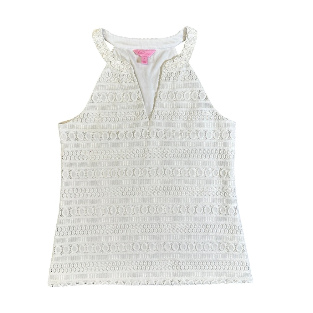 Lilly Pulitzer White Eyelet Lace Halter Top V-Neck Sleeveless Blouse 20961 M